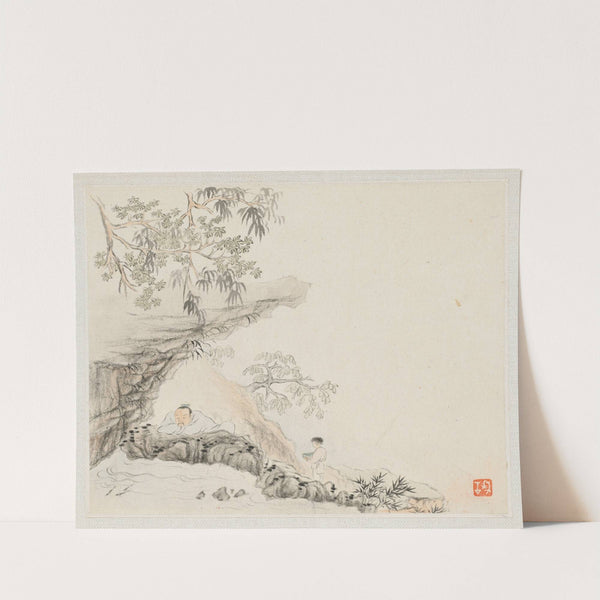 A Man Lies under a Rocky Overhang; a Boy Stands to his Right (1700s) by Hua Yan