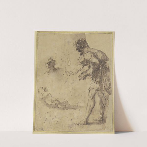 A man looks down at an infant lying on the ground; above there is a head study by Salvator Rosa