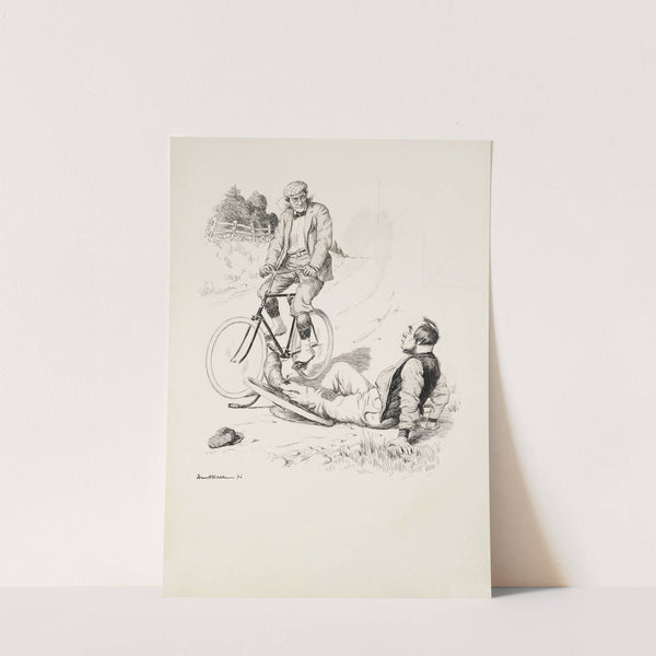 A man on a bicycle looks down on a man who has fallen off of his unicycle. (1896) by William Henry Walker
