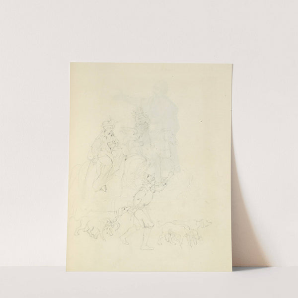 A man on horseback with a falcon, a man on foot, and four dogs by Stewart Watson