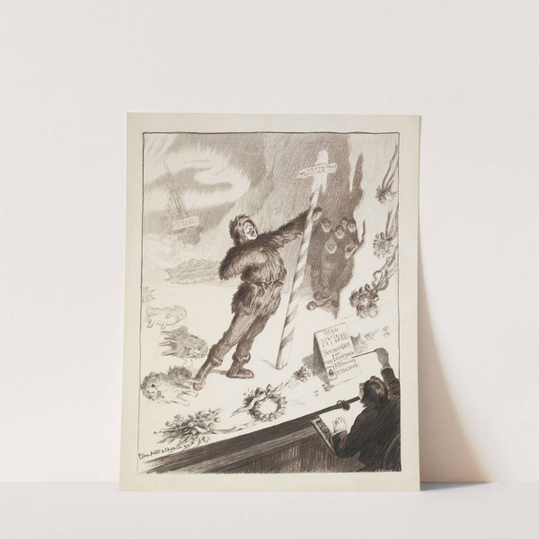 A man on stage recounts his journey to the North Pole. People have thrown wreathes on the stage. (1898) by William Henry Walker