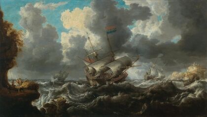 A man o’war in choppy seas with soldiers on an outcrop nearby (1641)