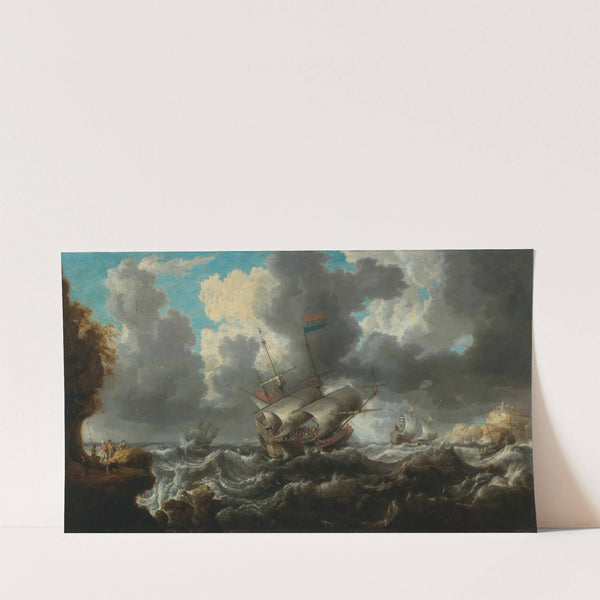 A man o’war in choppy seas with soldiers on an outcrop nearby (1641) by Bonaventura Peeters the Elder
