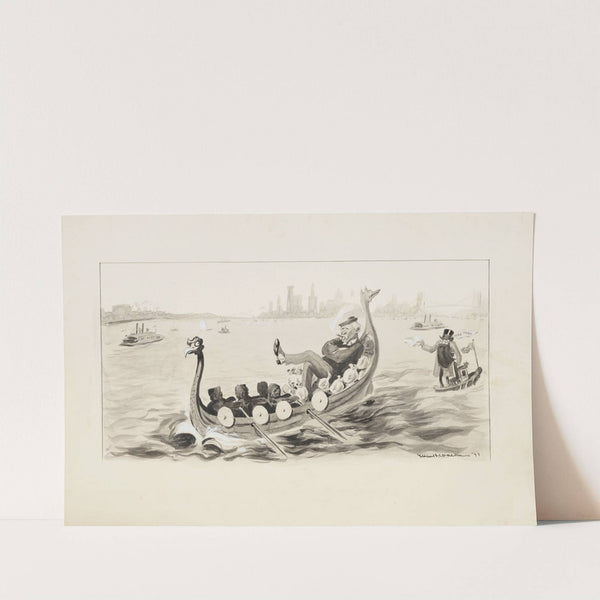 A man relaxes in a boat full of money which resembles a Viking ship (1898) by William Henry Walker