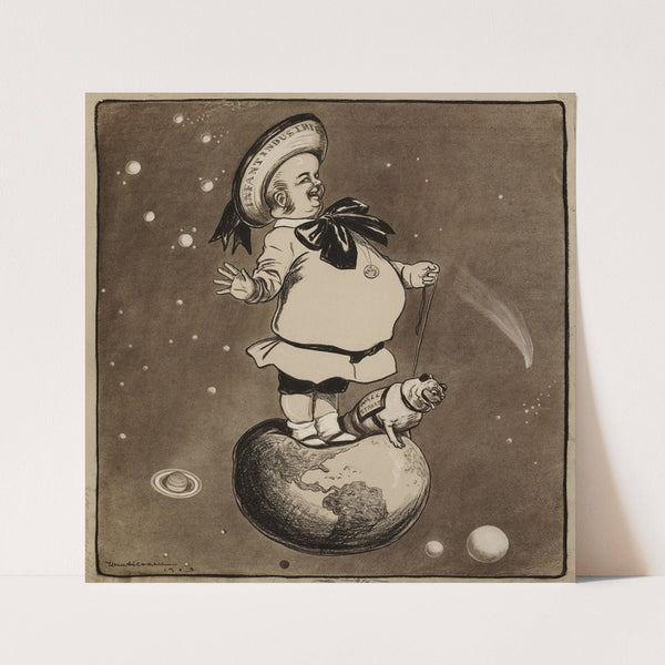 A man representing infant industries and Trusts with his bulldog representing Wall Street stand on top of the world (1903) by William Henry Walker