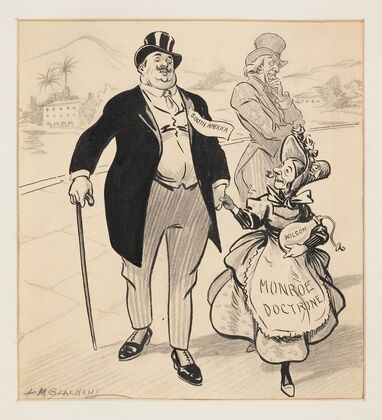 A man representing South America walks with a small woman (1913) — size preview