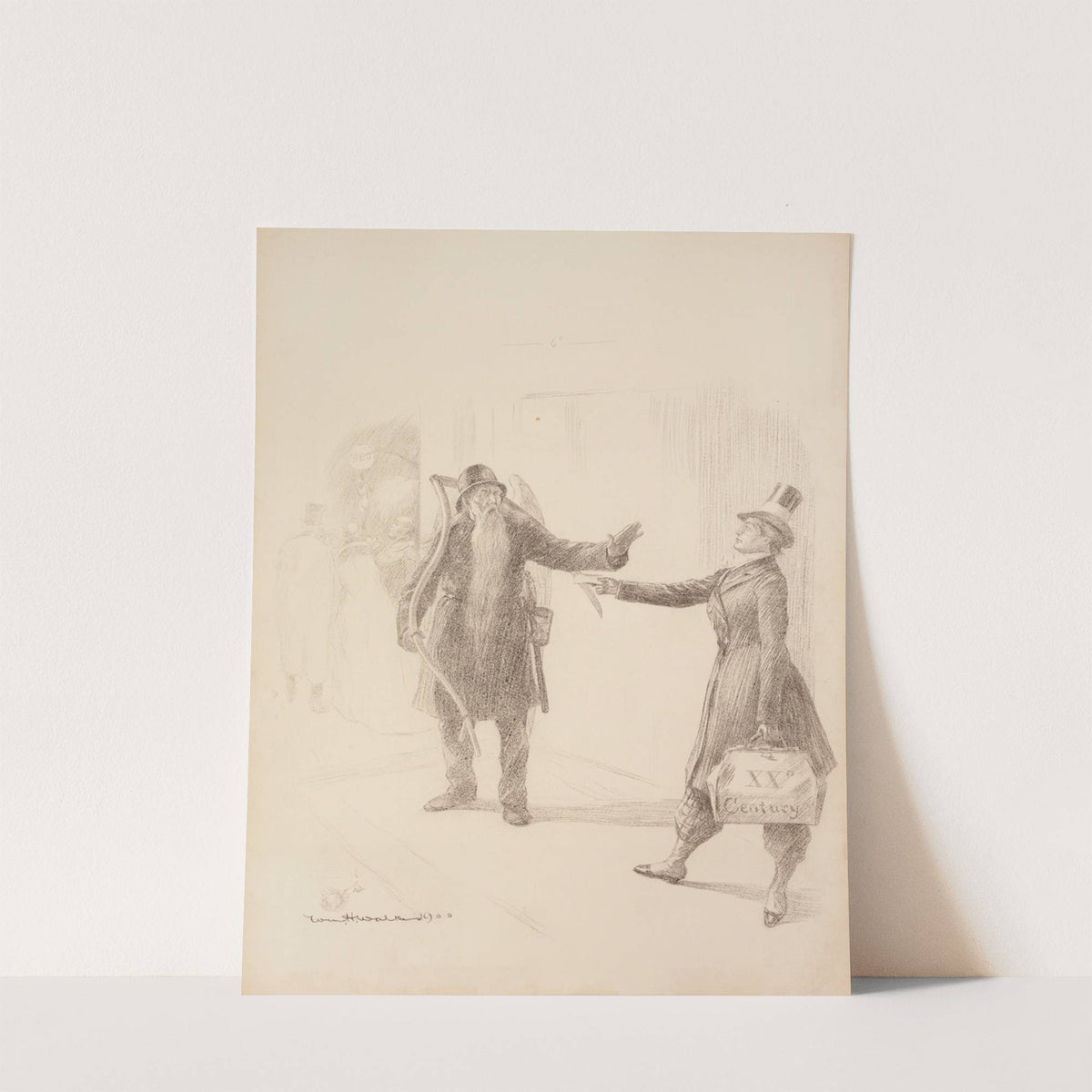 A man representing the 20th century is stopped by Father Time from entering a party celebrating the New Year in 1900 (1900) by William Henry Walker