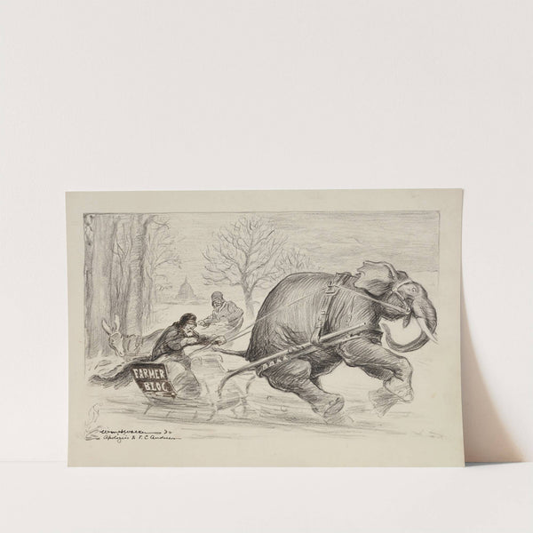 A man representing the ‘Farmer Bloc’ is pulled swiftly in a sleigh by the Republican Party elephant (1922) by William Henry Walker