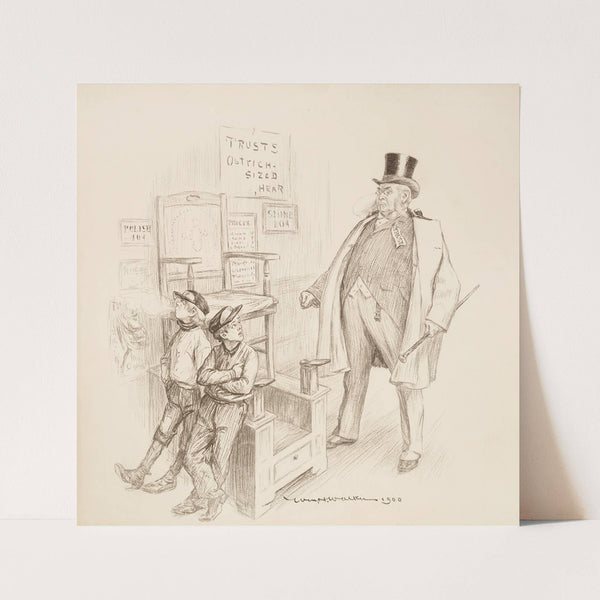 A man representing Trusts angrily approaches two shoe-shine boys (1900) by William Henry Walker