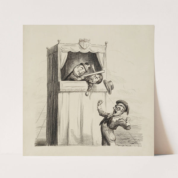 A man representing voters, depicted as a young boy, yawns and watches a puppet show (1920) by William Henry Walker