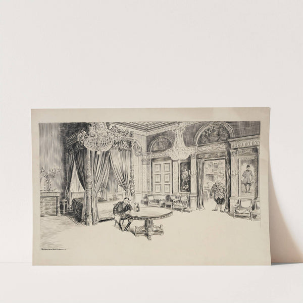 A man sits at a large table in a bedroom, eating alone. (1907) by William Henry Walker