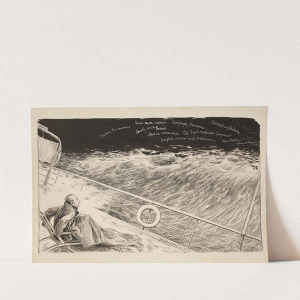 A man sleeping on the deck of a boat wakes up to see negative messages written in the night sky (1903) by William Henry Walker