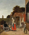 A Man Smoking and a Woman Drinking in a Courtyard