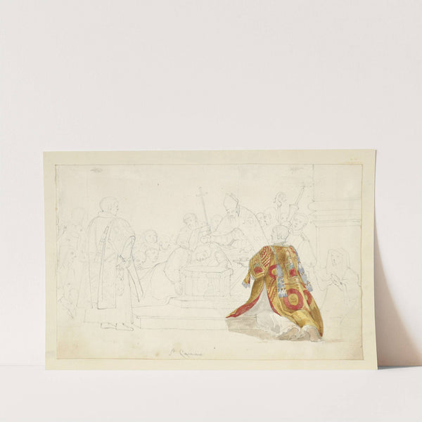 A man, St. Carmine, being baptized with several religious figures in attendance, amid a crowd of spectators by Stewart Watson