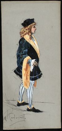 A man standing in a blue doublet and hose in profile
