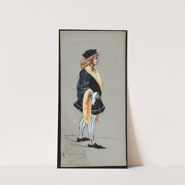 A man standing in a blue doublet and hose in profile by Plinio Codognato