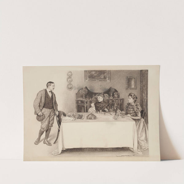 A man stands behind his chair at a table where an older and younger woman are already eating. (1898) by William Henry Walker