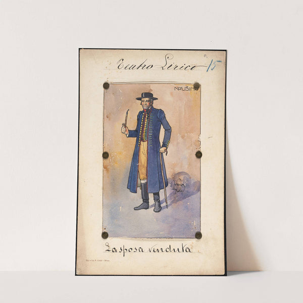 A man stands in three-quarter profile holding a cane and a pipe by W. Fasienski