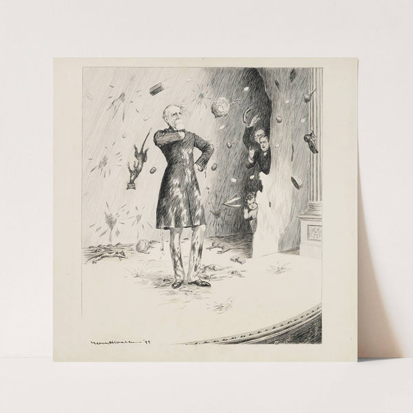 A man stands proudly on stage while the audience throws eggs, cats, and food at him. (1899) by William Henry Walker