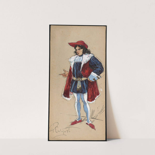 A man stands with a finger pointed, wearing a red hat, blue doublet and hose and a red overgarment by Plinio Codognato