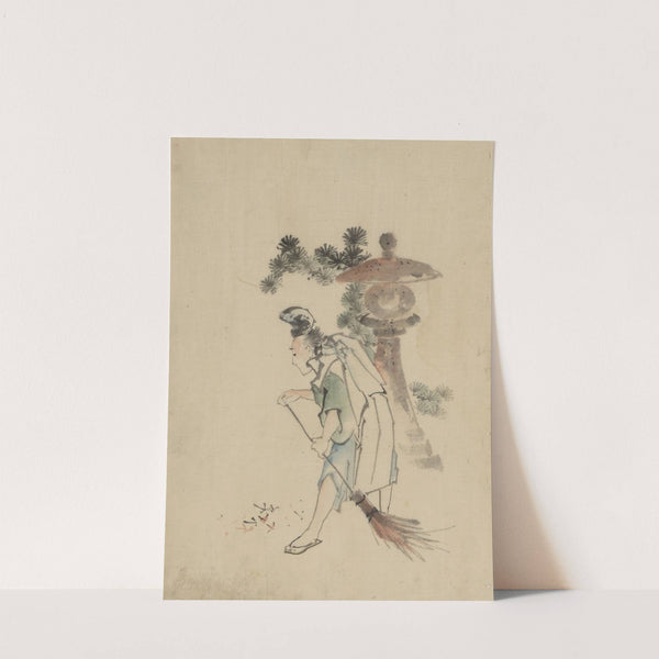 A man sweeping pine needles that have fallen from a tree near a stone shrine by Katsushika Hokusai