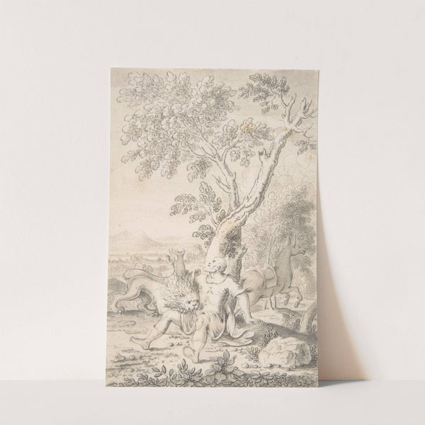 A Man under a Tree Bitten by a Lion while his Horse Escapes by Mathais Füssli the Elder