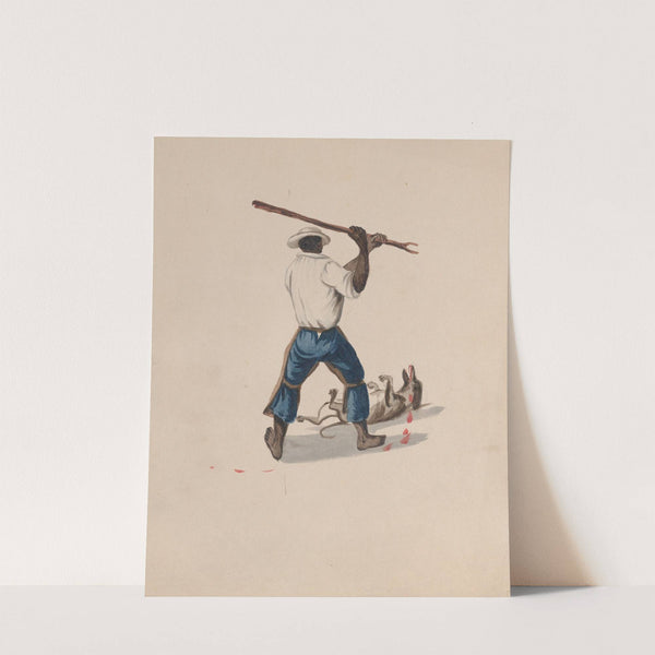 A man viewed from behind beating a dog with a stick by Francisco Fierro