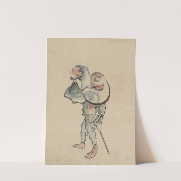 A man walking to the left, with a large hat resting on his back and wearing sandals, holding a short staff possibly used to propell a boat by Katsushika Hokusai