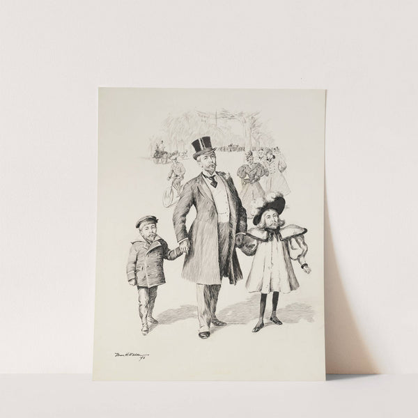 A man walks in a crowded park with his young son and daughter, only both children have the same face as him. (1896) by William Henry Walker