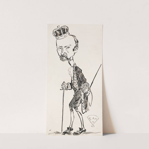 A man wearing a crown, in fancy dress with a rapier in both hands. by Frank Arthur Nankivell