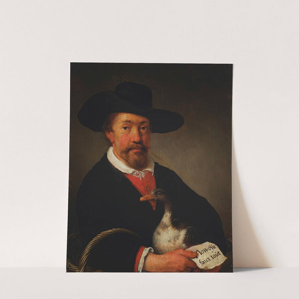 A man wearing a hat and holding a goose and letter by Jacob Gerritsz Cuyp