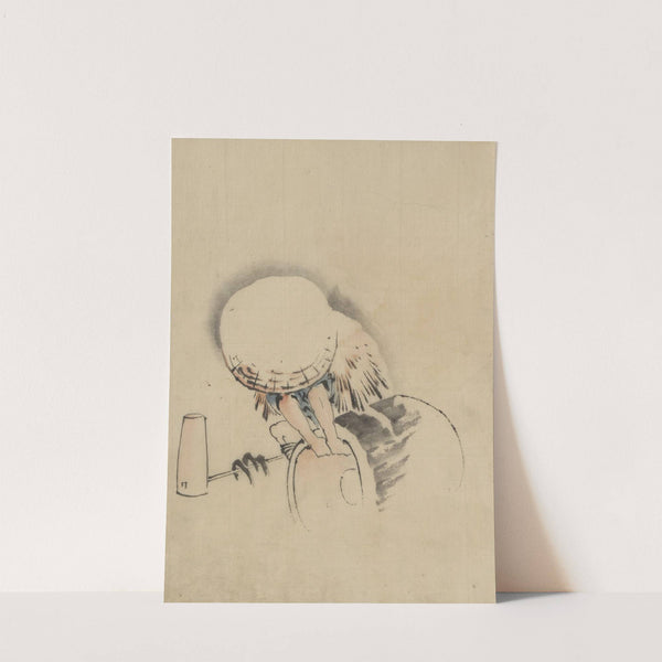 A man, wearing a large conical hat and a straw or feather garment by Katsushika Hokusai