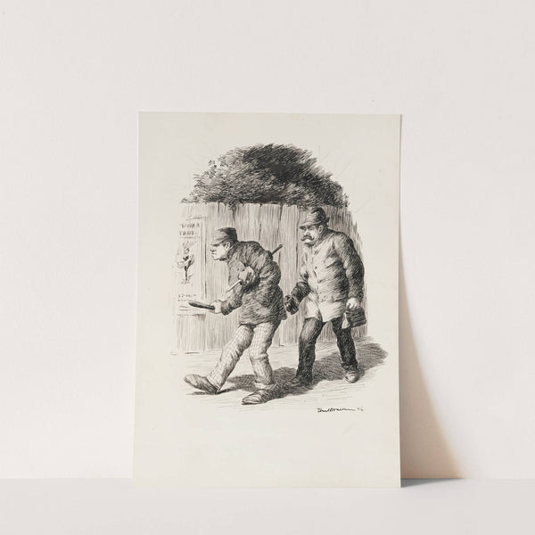 A man with a bag and a thermos follows a man with a club and a knife in the dark, along a fence with a poster for a ballet. (1896) by William Henry Walker