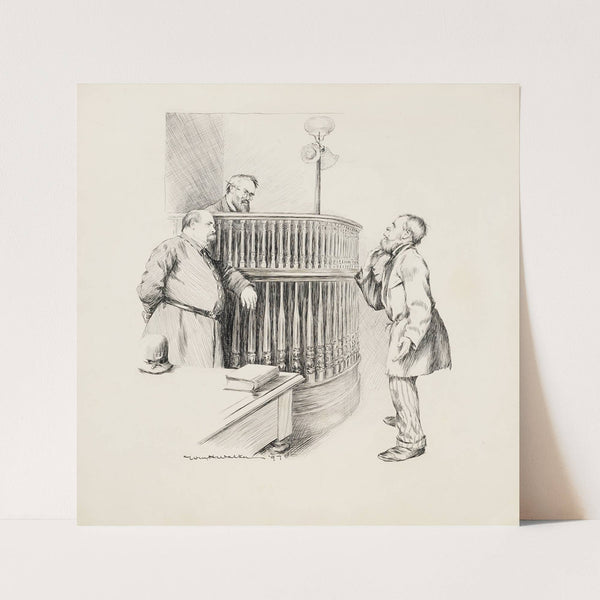 A man with a beard stands before a judge and a police officer. The man has a dark nose, possibly from drinking. (1897) by William Henry Walker