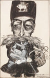 A man with a winged lion on his hat, a very large mustache, and an arm full of package from Paris. (1900)
