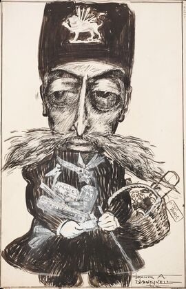 A man with a winged lion on his hat, a very large mustache, and an arm full of package from Paris. (1900)
