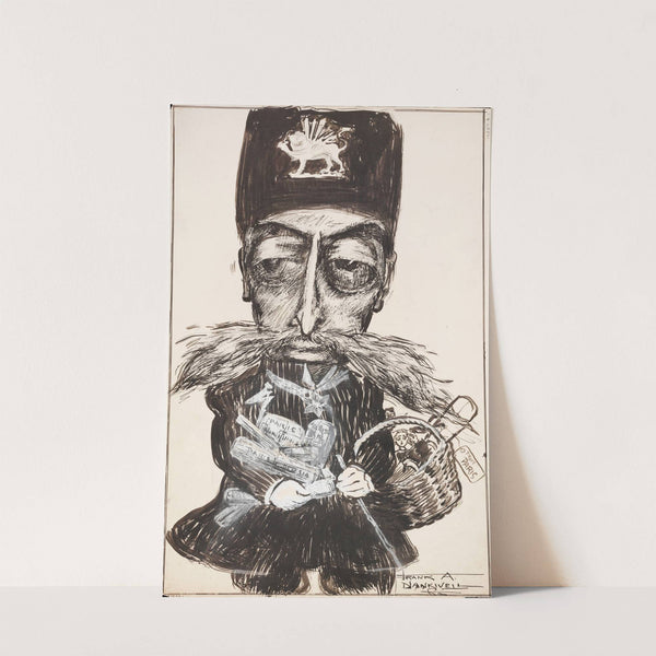 A man with a winged lion on his hat, a very large mustache, and an arm full of package from Paris. (1900) by Frank Arthur Nankivell