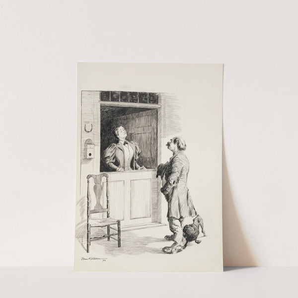 A man with ragged clothes and two dogs talks to a woman behind a counter. (1896) by William Henry Walker