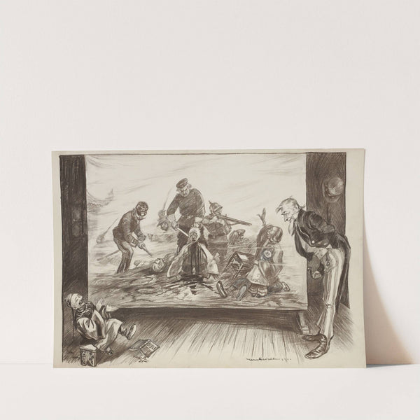 A man, Wu Ting Fan, laughs and enjoys an image of the United States military massacring Native Americans (1901) by William Henry Walker