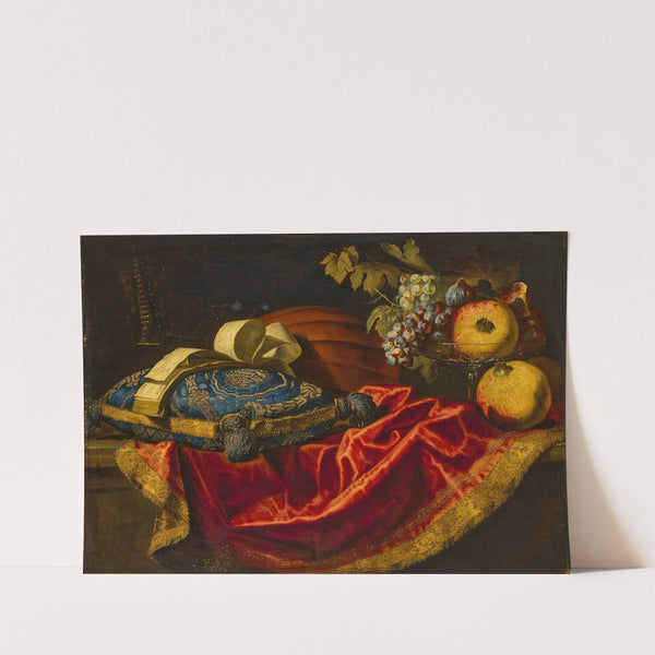 A mandolin with a book of music on a blue and gold cushion, with fruit on a partially draped ledge by FRANCESCO FIERAVINO