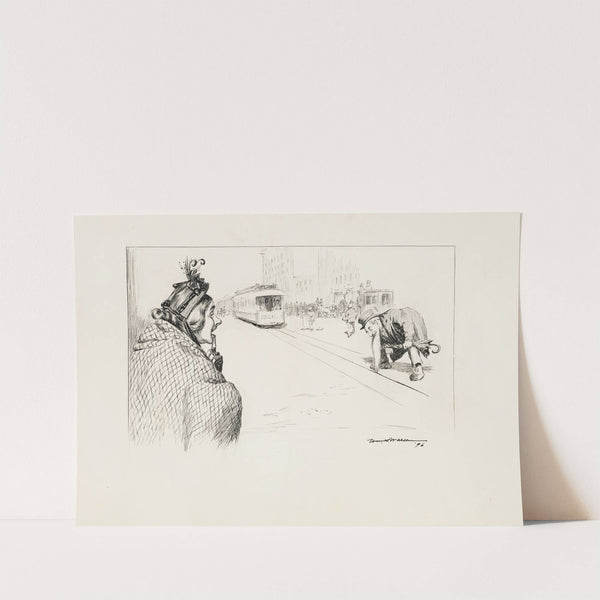 A man’s beard is stuck in the tracks of a trolley. (1896) by William Henry Walker