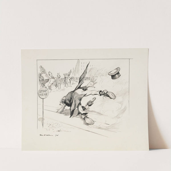 A man’s beard is stuck in trolley tracks, disrupting traffic on the street. (1896) by William Henry Walker