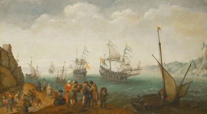 A Marine With Five Vessels Out To Sea And Another In Port, And With Groups Of Largely Male Figures Engaged In Buying Or Selling Fish Or Other Wares