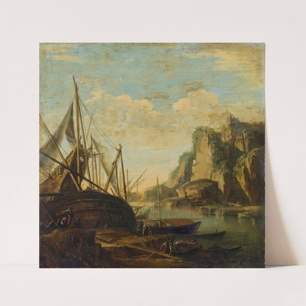 A Mediterranean coastal landscape with a ship by Salvator Rosa