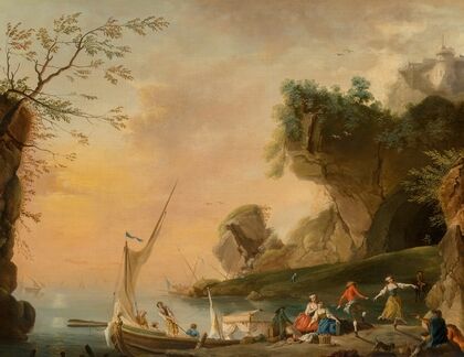 A Mediterranean coastal landscape with boats and figures — size preview