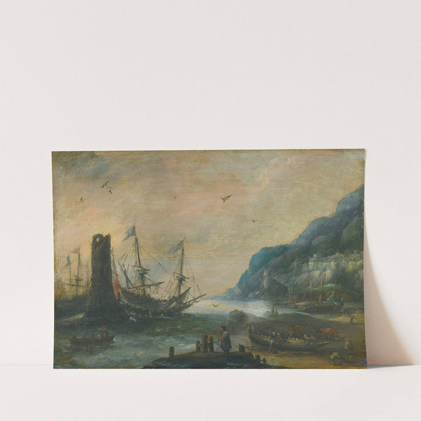 A mediterranean coastal scene with a tower, ships, and figures on the shore by Andries van Eertvelt