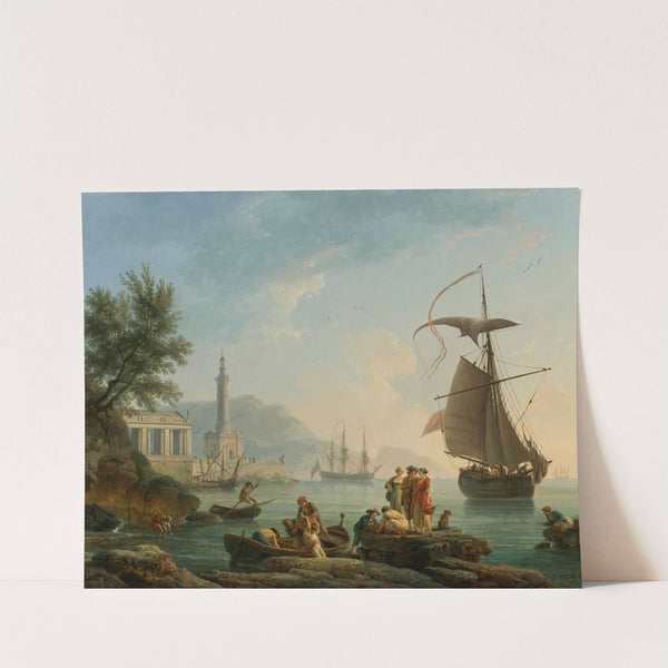 A Mediterranean Harbor At Sunset With Fisherfolk At The Water’s Edge, A Lighthouse And A Man Of War At Anchor In The Bay (1761) by Claude-Joseph Vernet