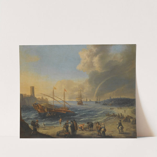 A Mediterranean Harbour Scene With An Ottoman Barge And Other Boats, Figures On The Beach, A Rainbow In The Distance by Cornelis De Wael