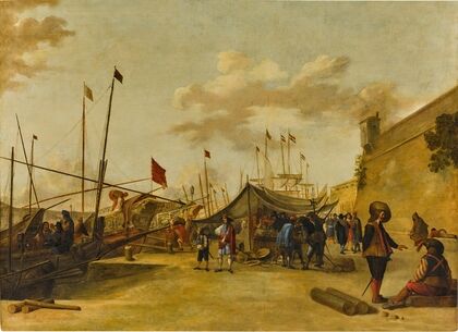 A Mediterranean harbour scene with trading barges and Dutch shipping
