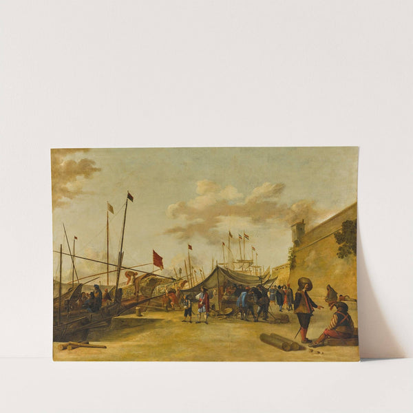 A Mediterranean harbour scene with trading barges and Dutch shipping by Genoese School